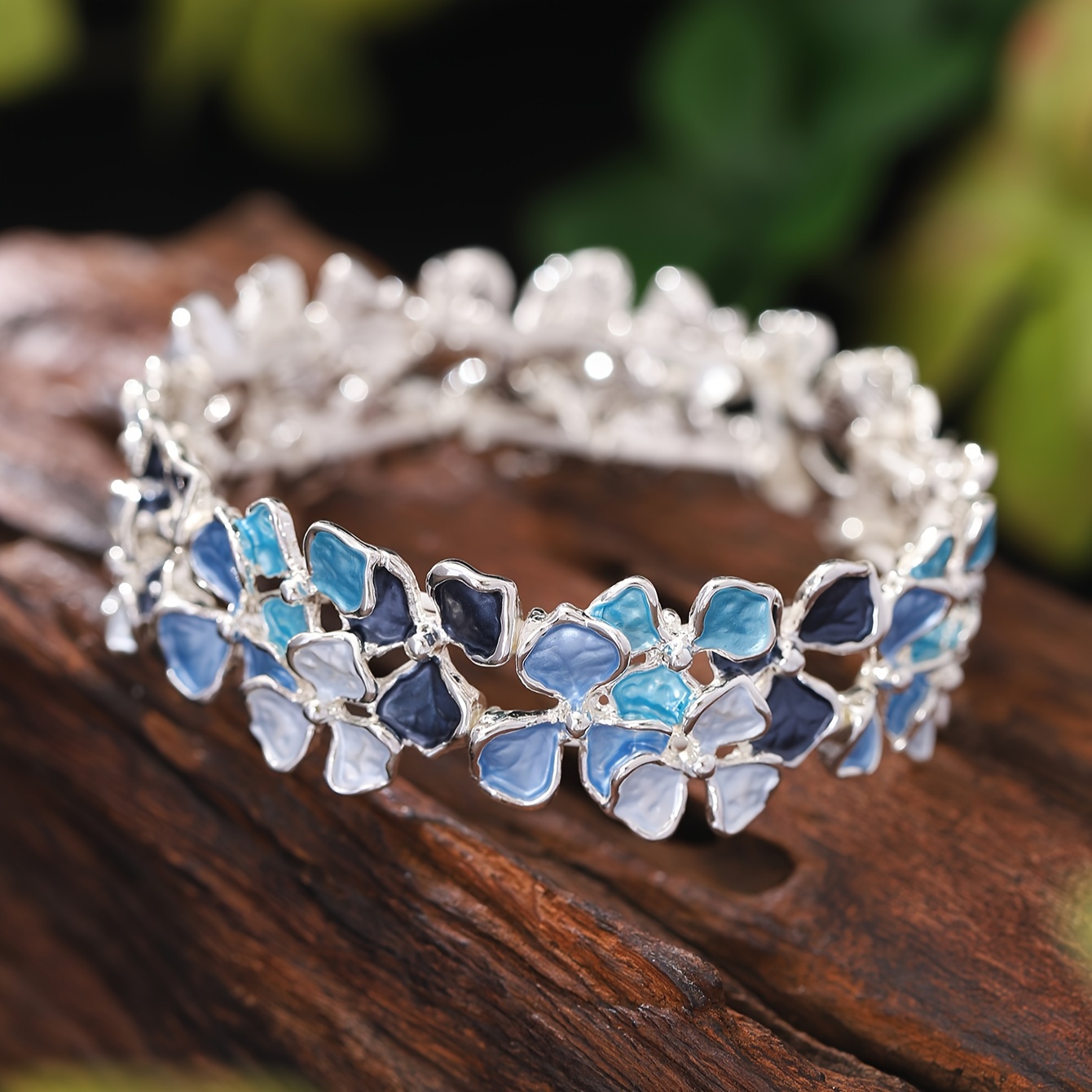 Elegant Hydrangea Enamel Flower Open Bangle, Adjustable
